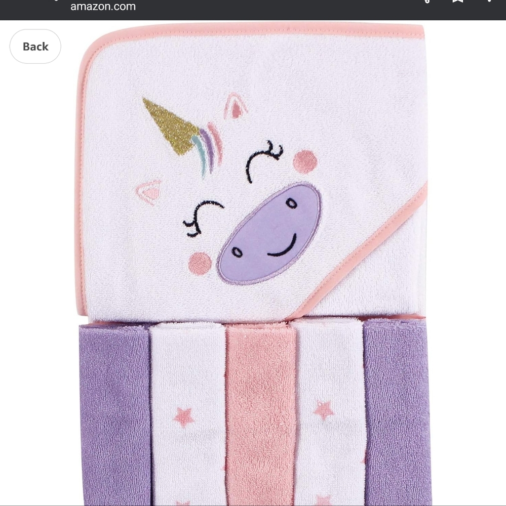NWT Luvable Friends Baby Girl Hooded Towel with Five Washcloths, Unicorn - Picture 2 of 2